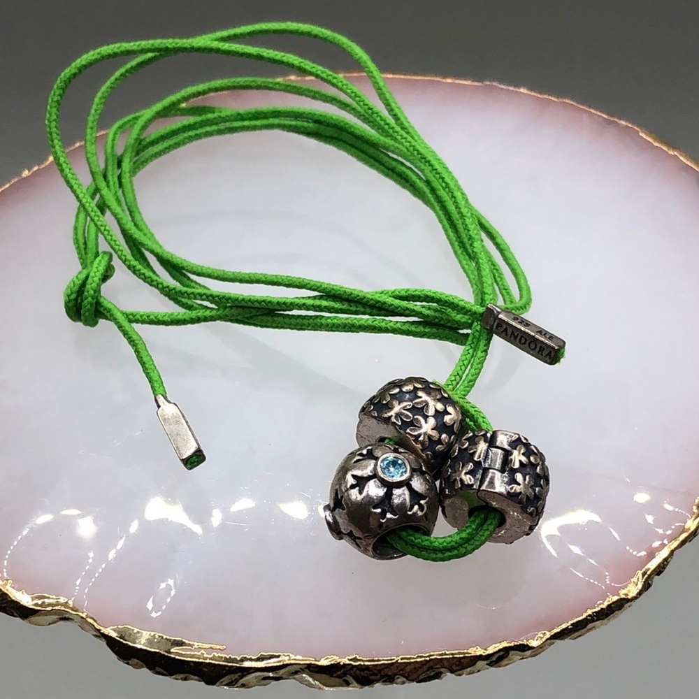 Pandora Lime Green Cord String Lariat Style Necklace with 3 Charms Pop of Color